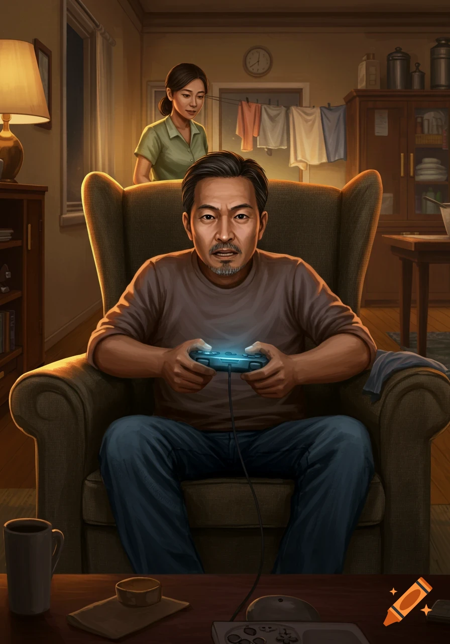 A man plays video games in an armchair with a glowing controller in a dimly lit room, as a woman hangs laundry in the background. Digital art.
