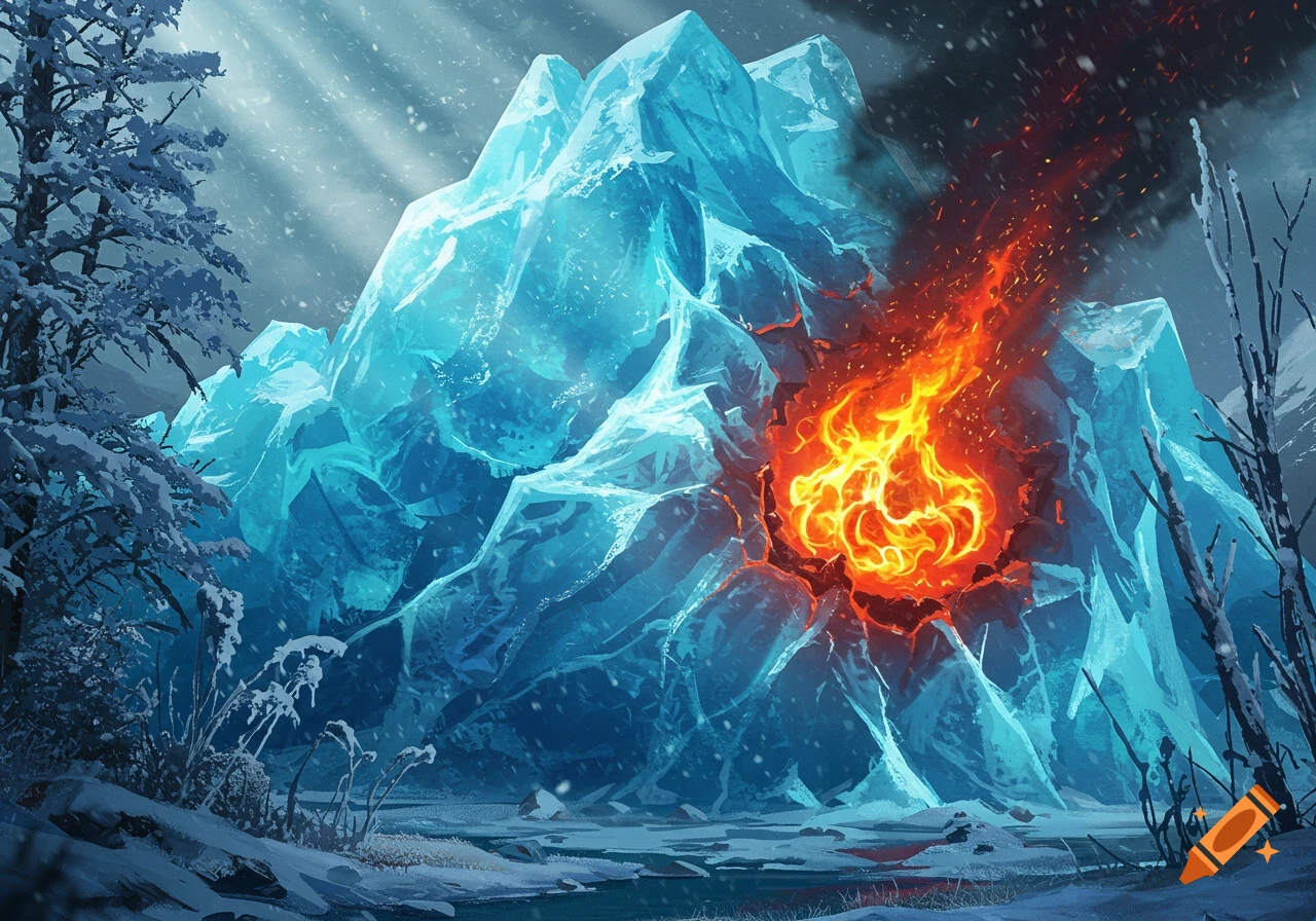 Fantasy art of a colossal blue ice mountain with a vibrant fiery core, surrounded by snowy trees under a cold sky.
