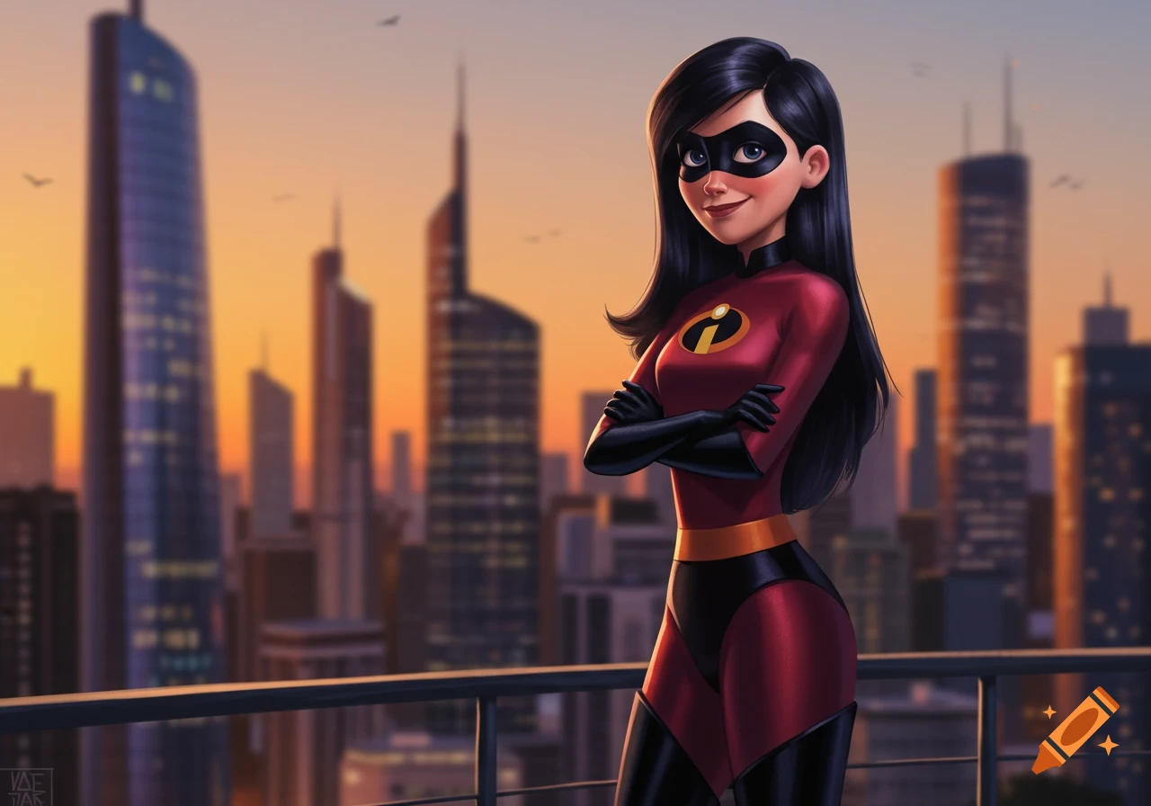 Adult Violet Parr from The Incredibles stands smiling with crossed arms on a rooftop against a sunset city skyline in a cartoon style.