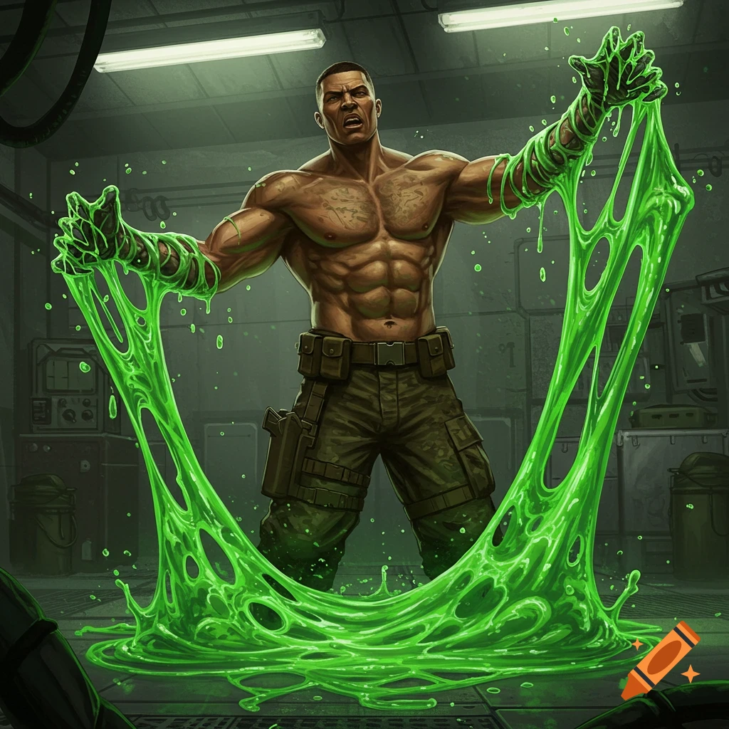 Muscular man in military pants struggling with glowing green slime in a dim, industrial lab, comic art style.