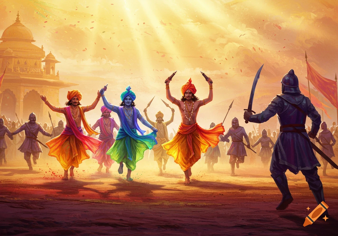 Vibrantly dressed Indian men dance with arms raised as purple armored warriors and spearmen chase them, with a temple in the background.