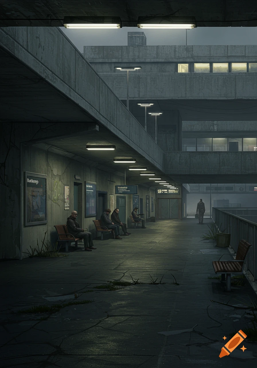 A desolate, concrete bus and train station platform with several people sitting on benches in a dim, urban environment, evoking a low-life atmosphere. The word "Ballerup" is visible on a sign.