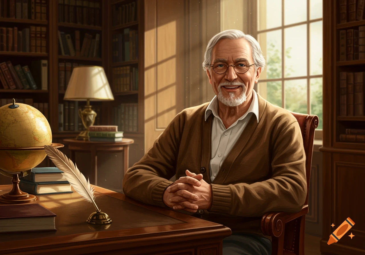 Smiling elderly man with white hair and glasses sits at a wooden desk in a sunlit library, with bookshelves, a globe, and a quill.