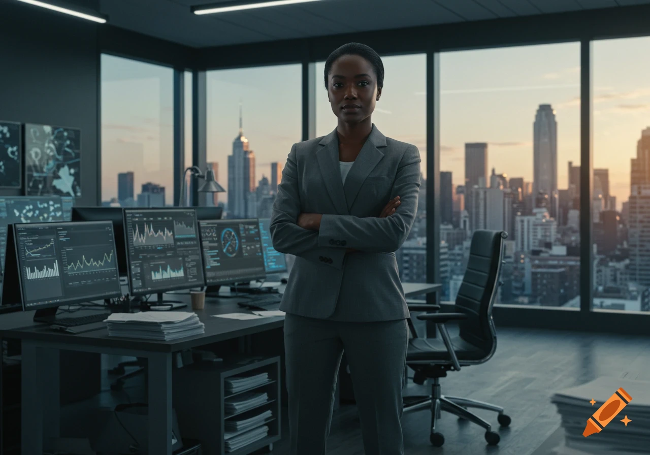 A strong dark-skinned businesswoman in a gray suit stands confidently in a modern office with city skyline views and multiple data screens.