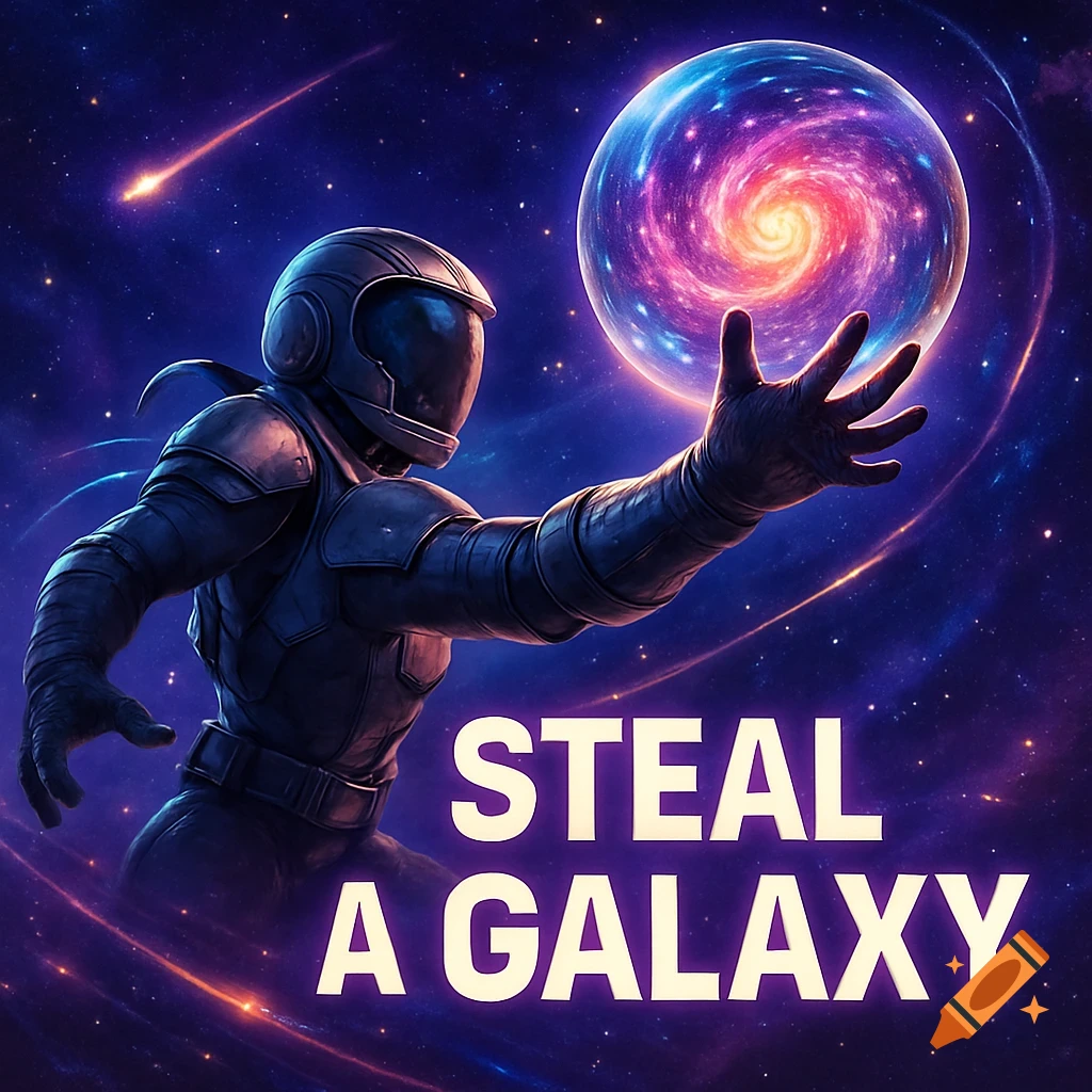 A stylized illustration of an astronaut reaching for a glowing spiral galaxy in a starry cosmic background with the text 'STEAL A GALAXY'.