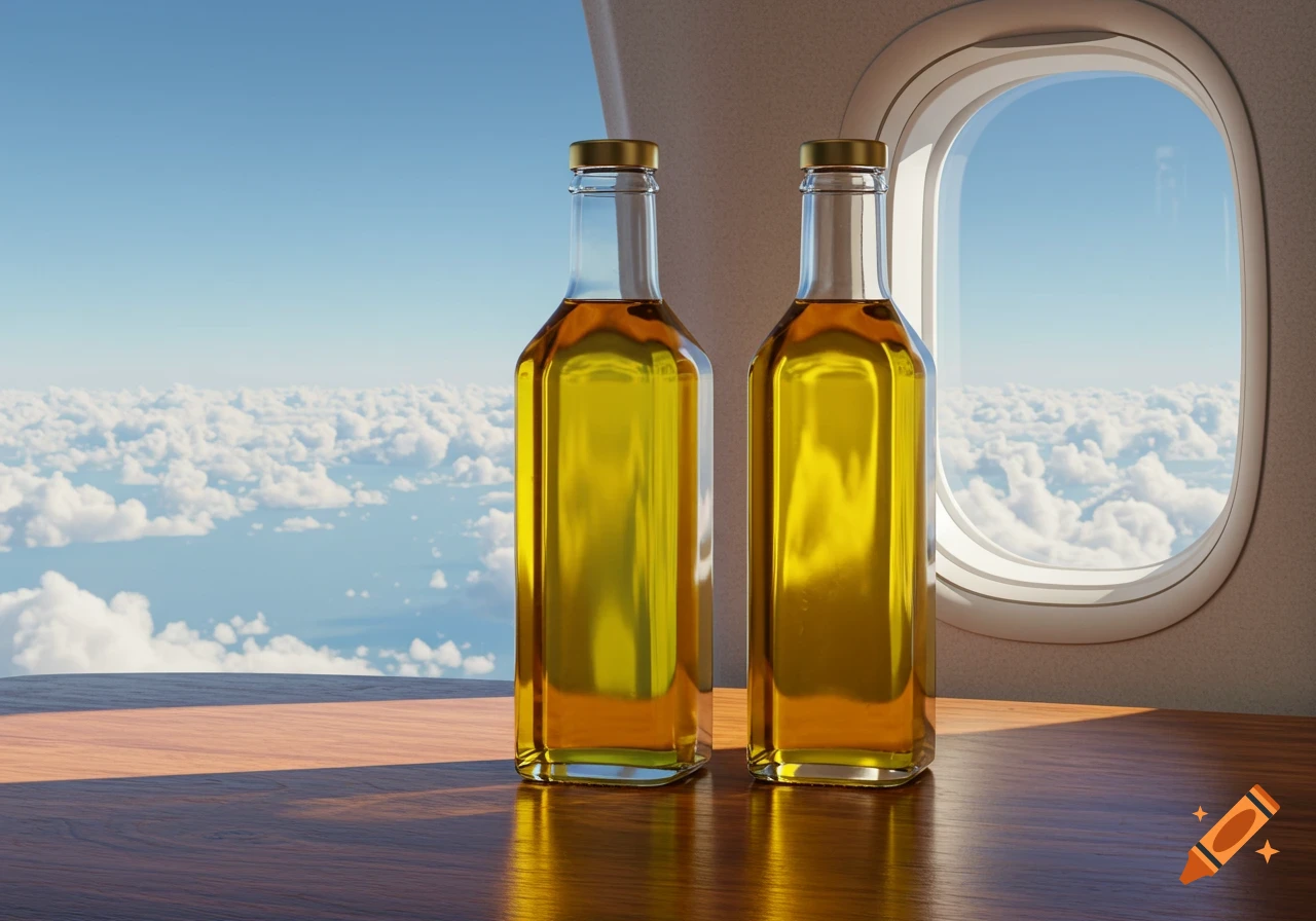Two glass bottles of golden cooking oil on a wooden table inside an airplane, with clouds and blue sky visible through the window.