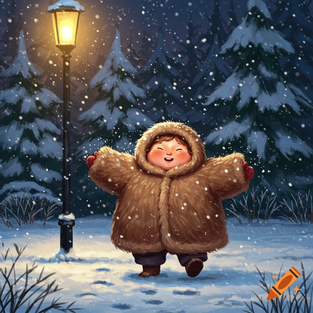 A happy child in a fluffy fur coat walks through a snowy forest under a lamppost as snow falls, in an illustration.