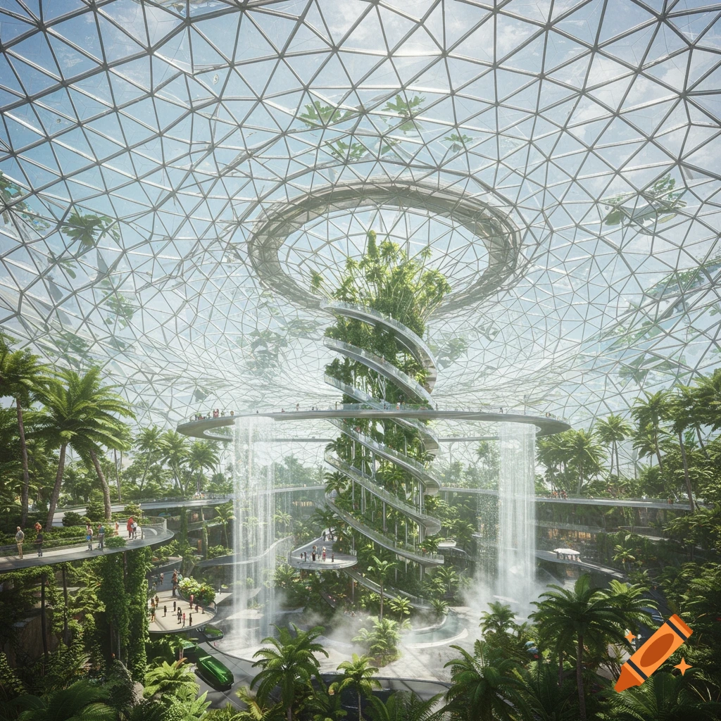 Photorealistic view of a vast indoor garden under a glass dome, with a spiraling plant-covered tower, waterfalls, and elevated walkways.
