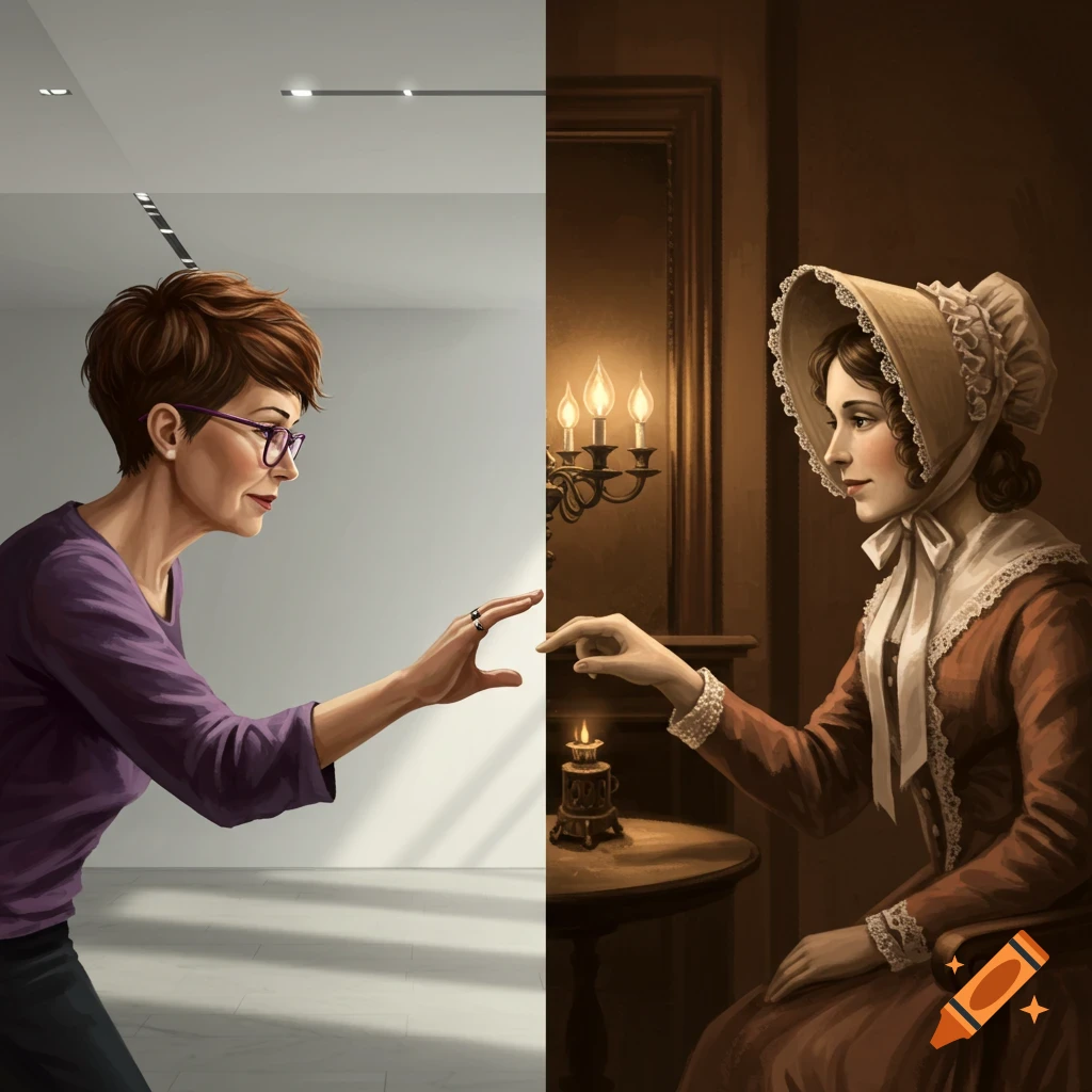 A split image shows a modern woman in purple reaching out to a historical woman in a bonnet and brown dress, also reaching out.