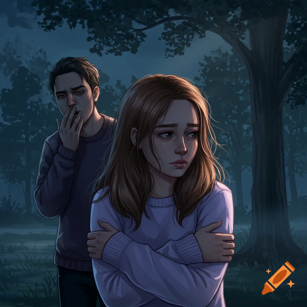 An illustration of a sad girl hugging herself with a distressed man behind her in a dark forest.