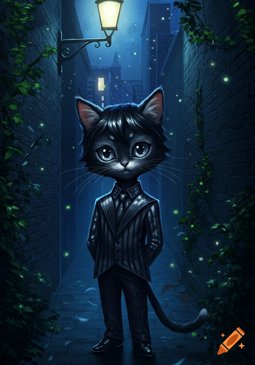 An illustrated black cat in a pinstripe suit stands in a dark, ivy-covered alley lit by a lamppost with glowing specks.