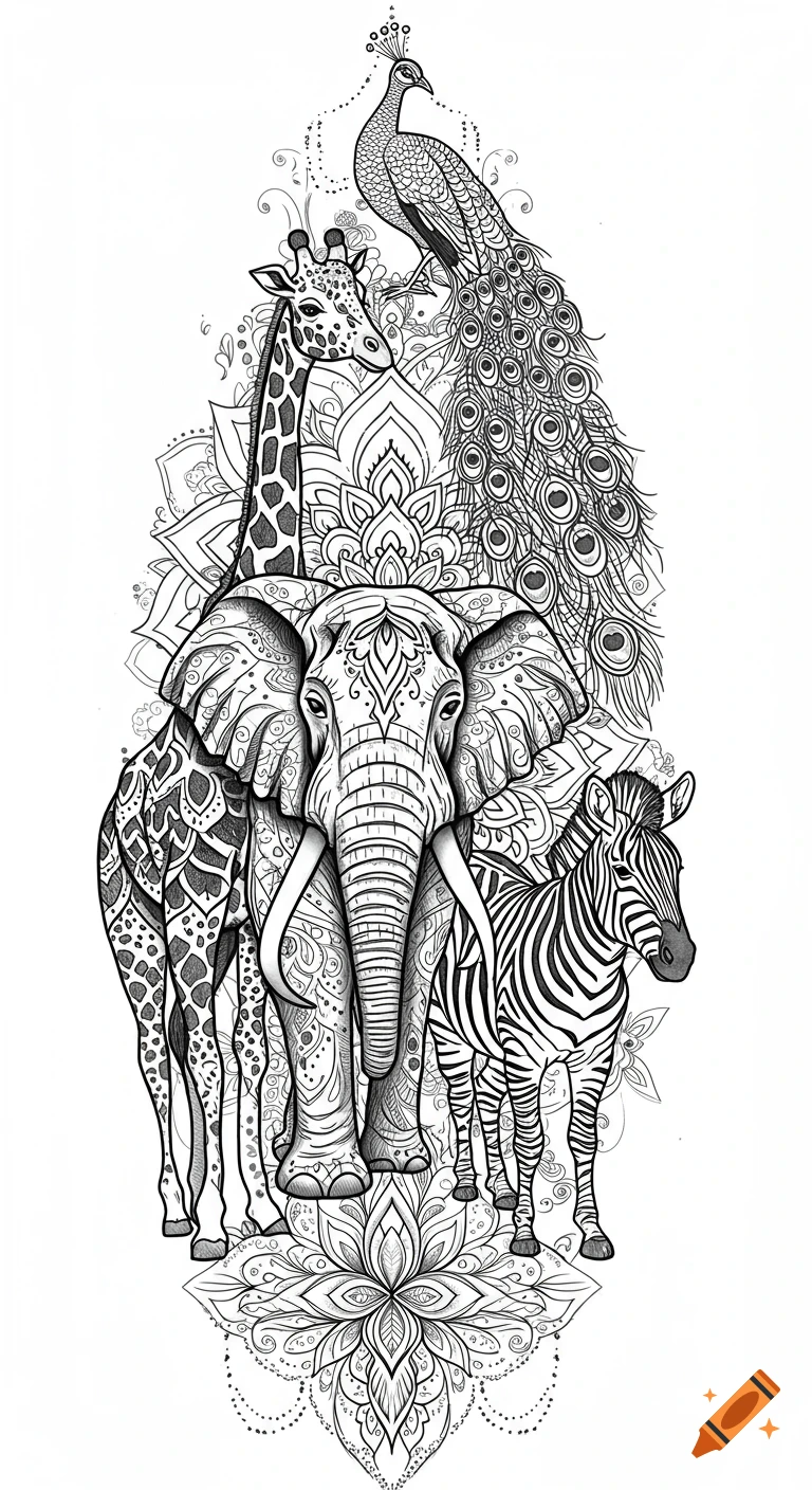 Black and white line art of an elephant, giraffe, zebra, and peacock, adorned with intricate mandala patterns and lotus flowers.