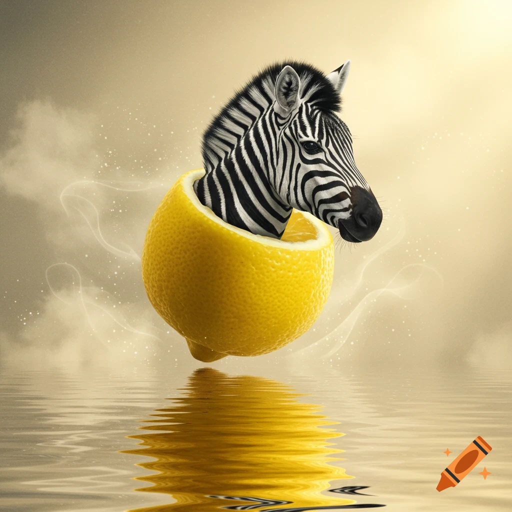 A photorealistic zebra head emerges from a cut lemon, floating above reflective water against an ethereal golden background.