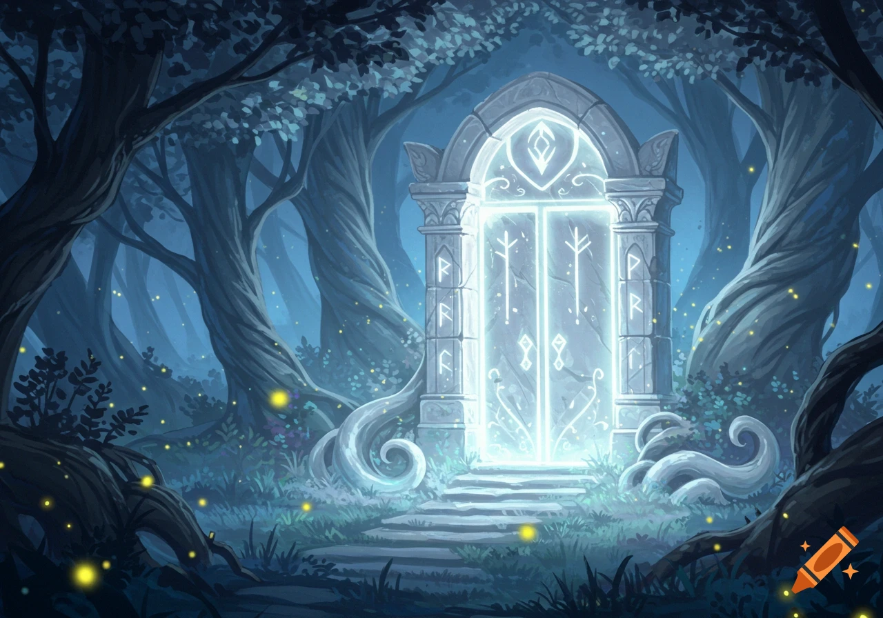 A glowing magical stone archway stands in the center of a dark, mystical forest filled with fireflies, illustrated in a fantastical style.