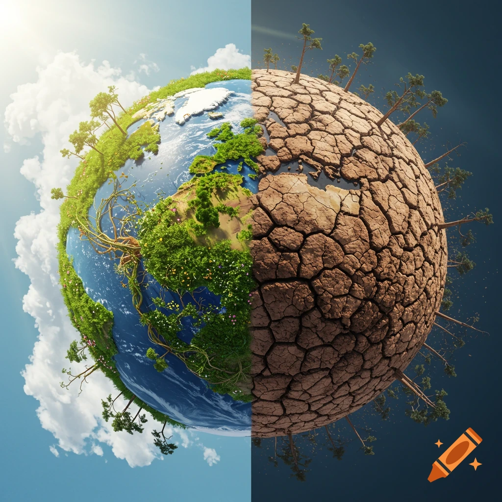 A stark depiction of Earth split in half; one side lush green and vibrant, the other dry, cracked, and barren.
