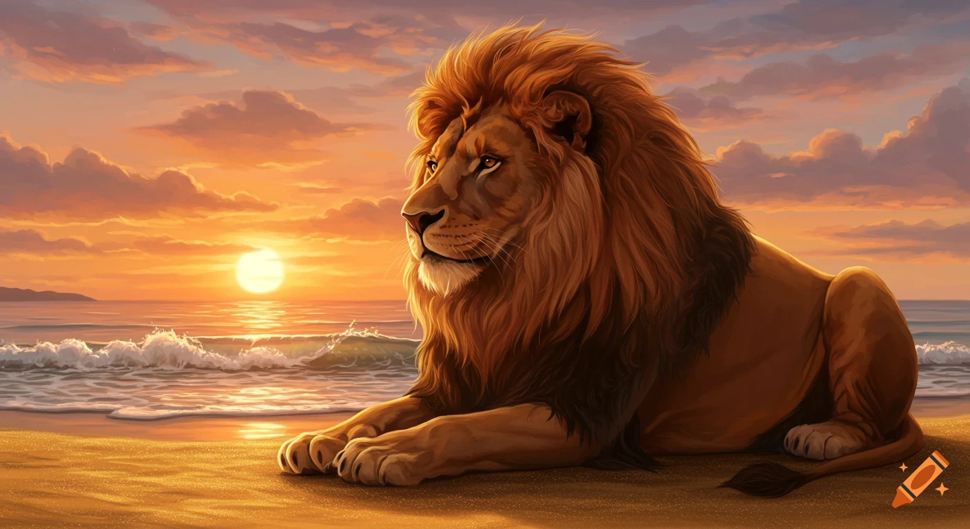 A large lion with a flowing mane lies on a golden beach, facing the ocean at sunset with an orange sky.