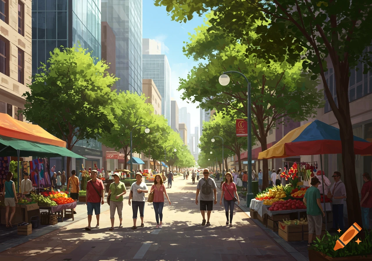 A vibrant, sunny street market scene with numerous people strolling past fruit stalls and shops, framed by green trees and city buildings in a painterly style.