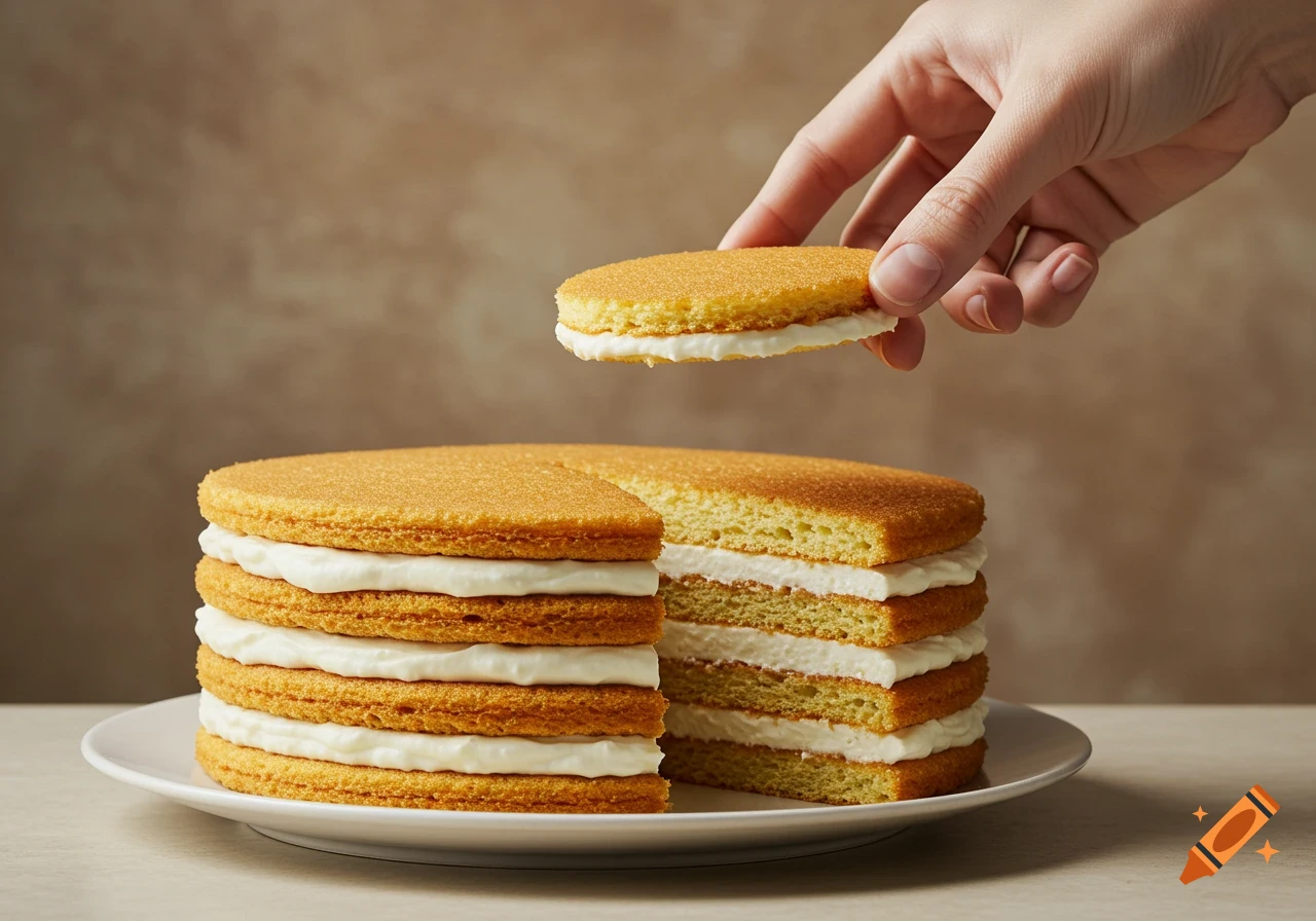 A hand places a circular sponge cake layer with cream filling on a multi-layered cake, with a slice already removed.