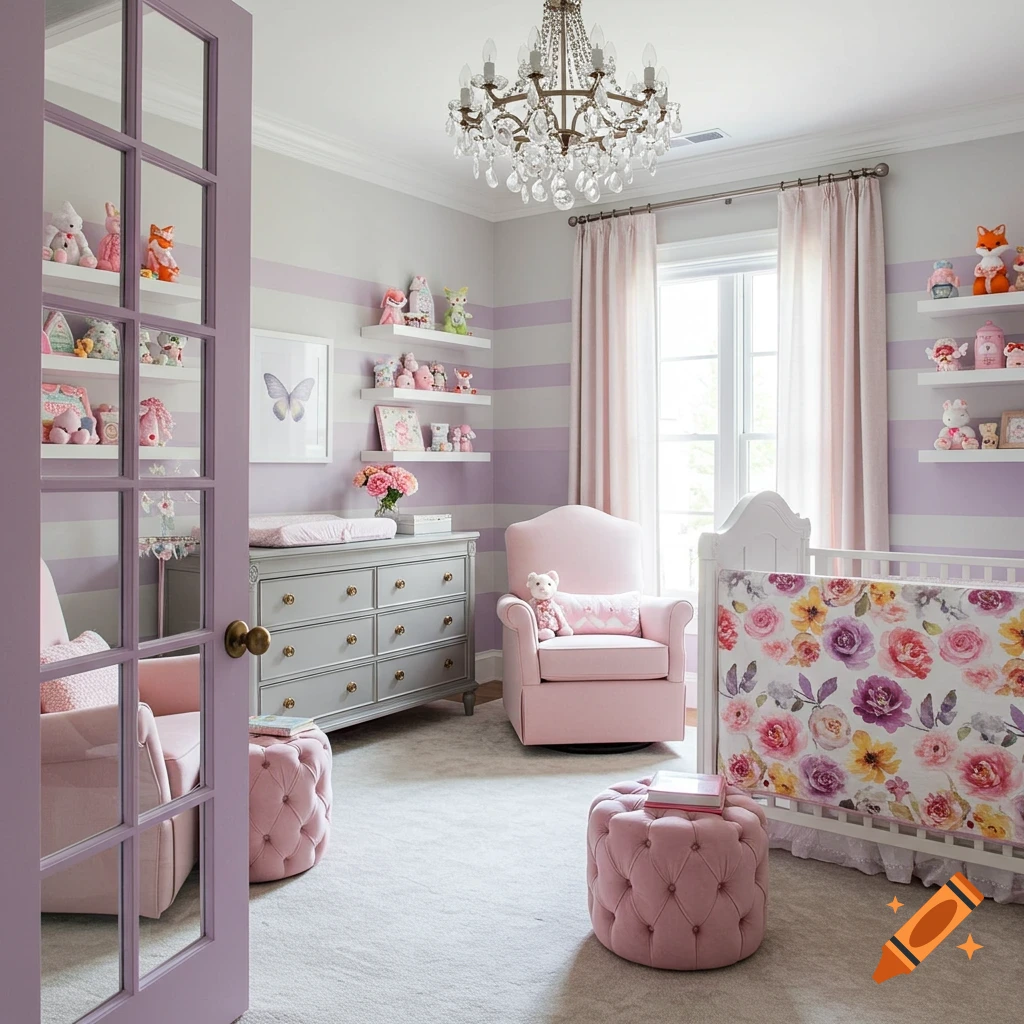 A photorealistic baby nursery decorated in lavender, pink, and grey, with a floral crib, dresser, glider, and toy shelves.