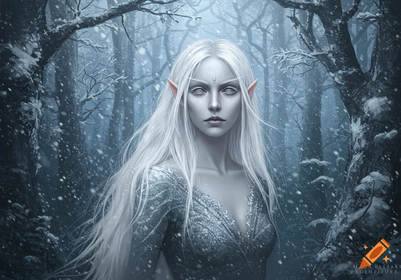 A pale, white-haired elf woman with white eyes and pointed ears in a textured dress stands in a snowy forest.