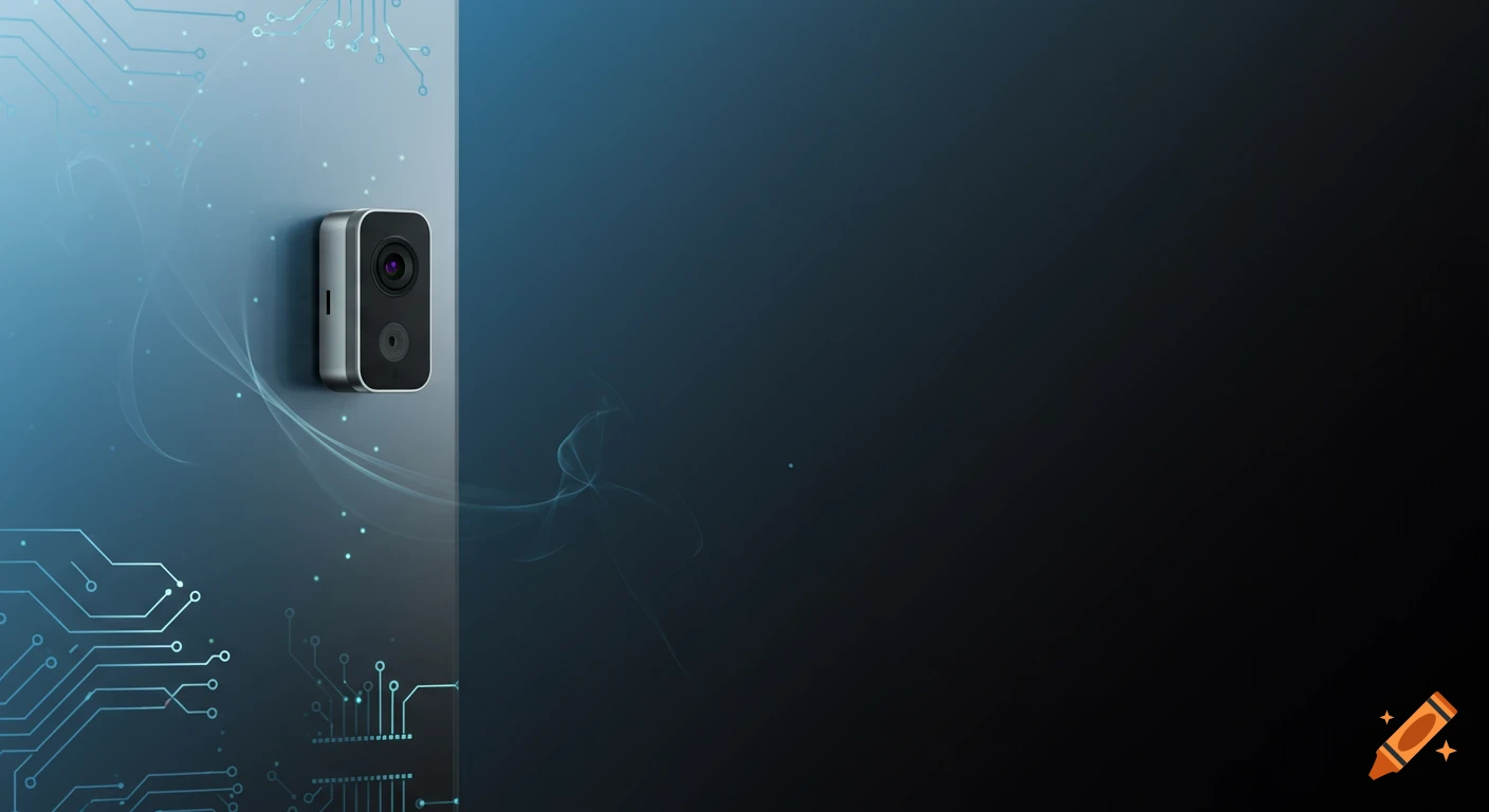A sleek, modern video doorbell or security camera mounted on a gradient blue wall with glowing circuit board patterns.