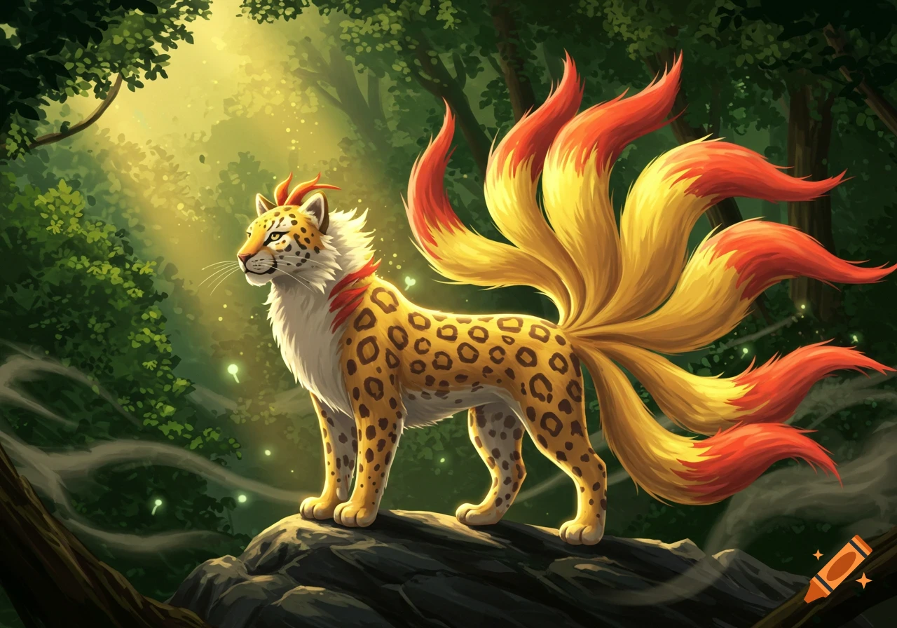 A vibrant fantasy creature, a leopard with nine orange and yellow tails, stands on a rock in a sun-dappled forest.