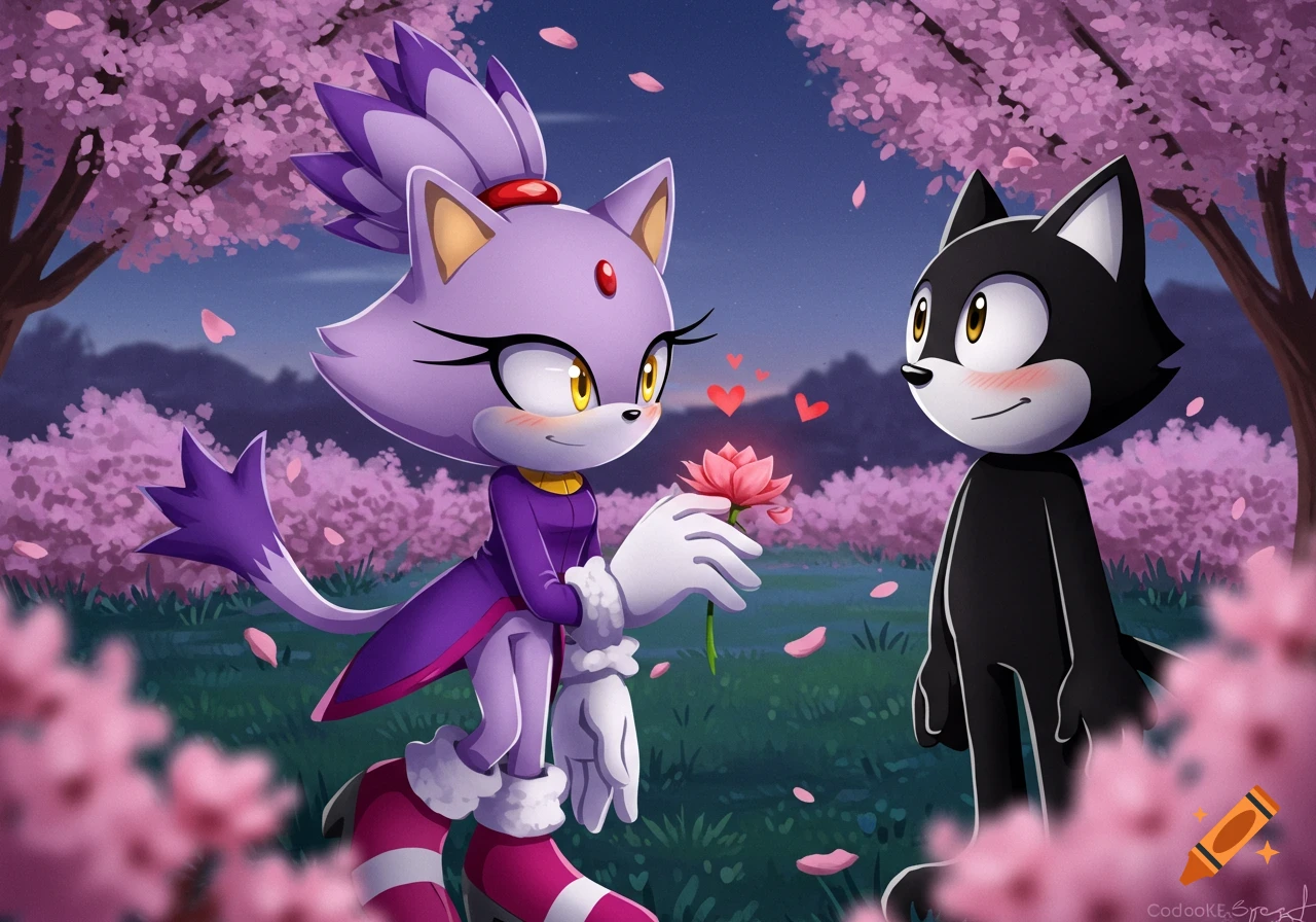 Blaze the Cat offers Felix the Cat a pink flower in a field of cherry blossoms under a night sky, with hearts floating between them.
