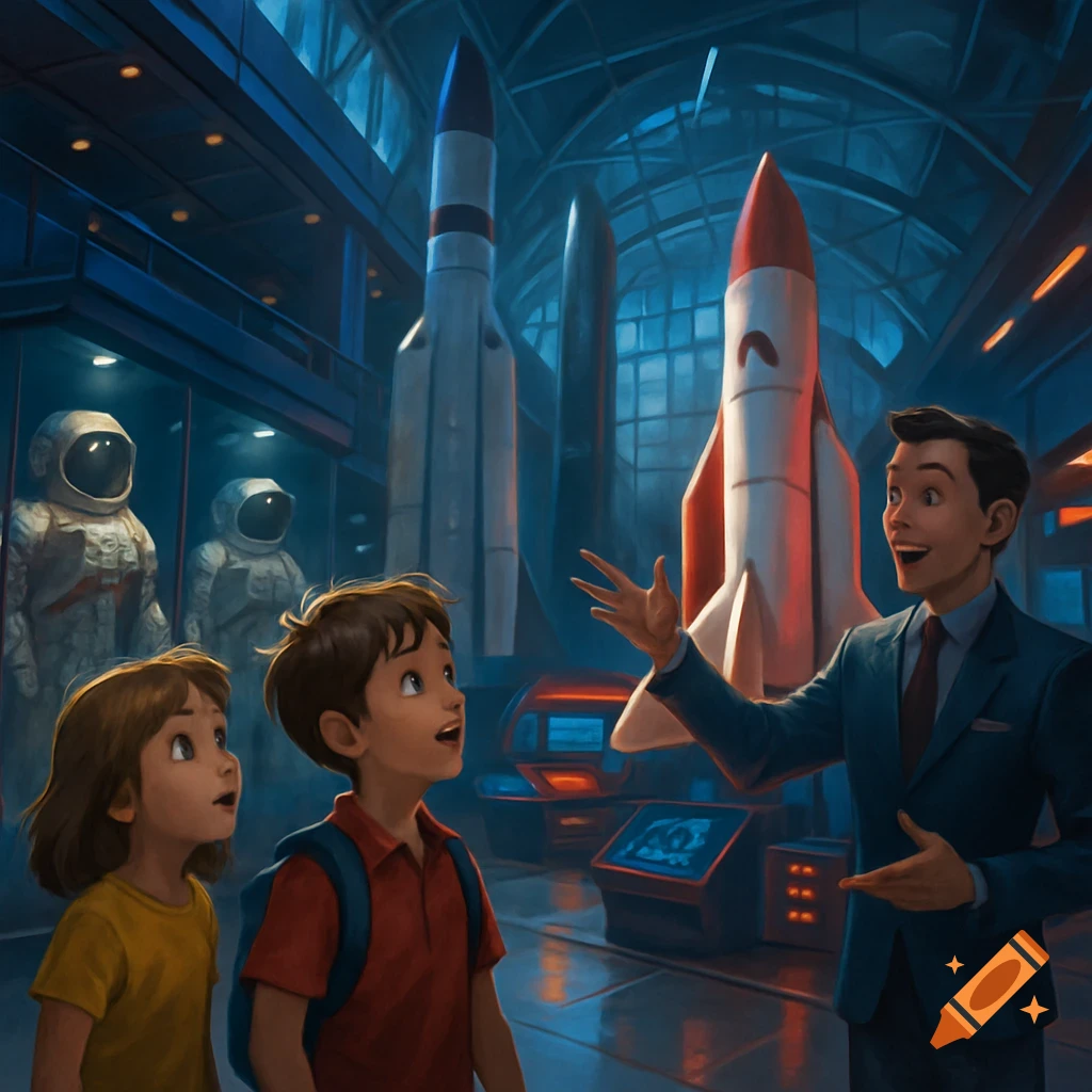An adult man in a suit explains rockets to two curious children in a dark, blue-lit space museum with astronaut suits on display.