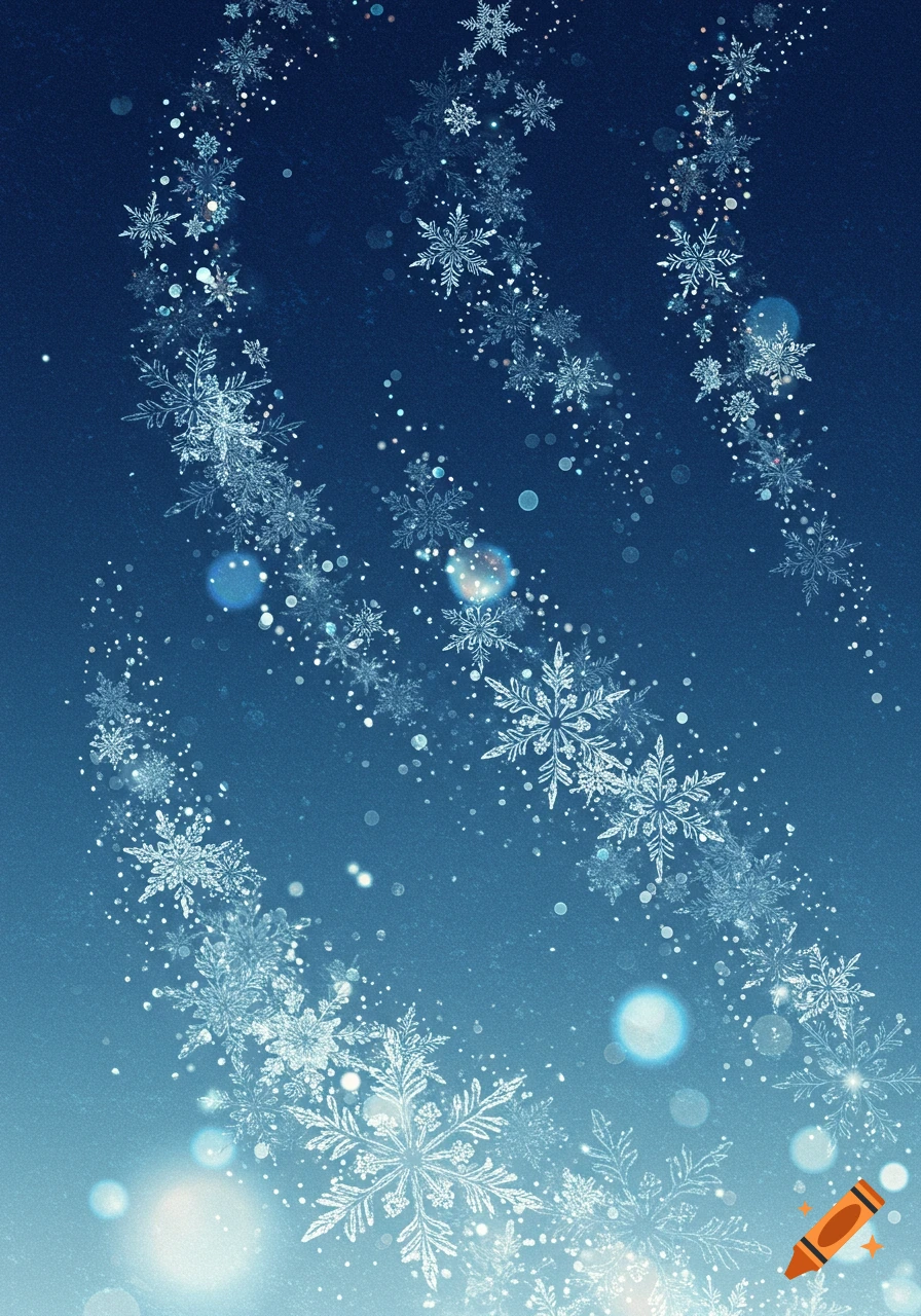 Glowing white snowflakes and bokeh lights on a blue gradient background.