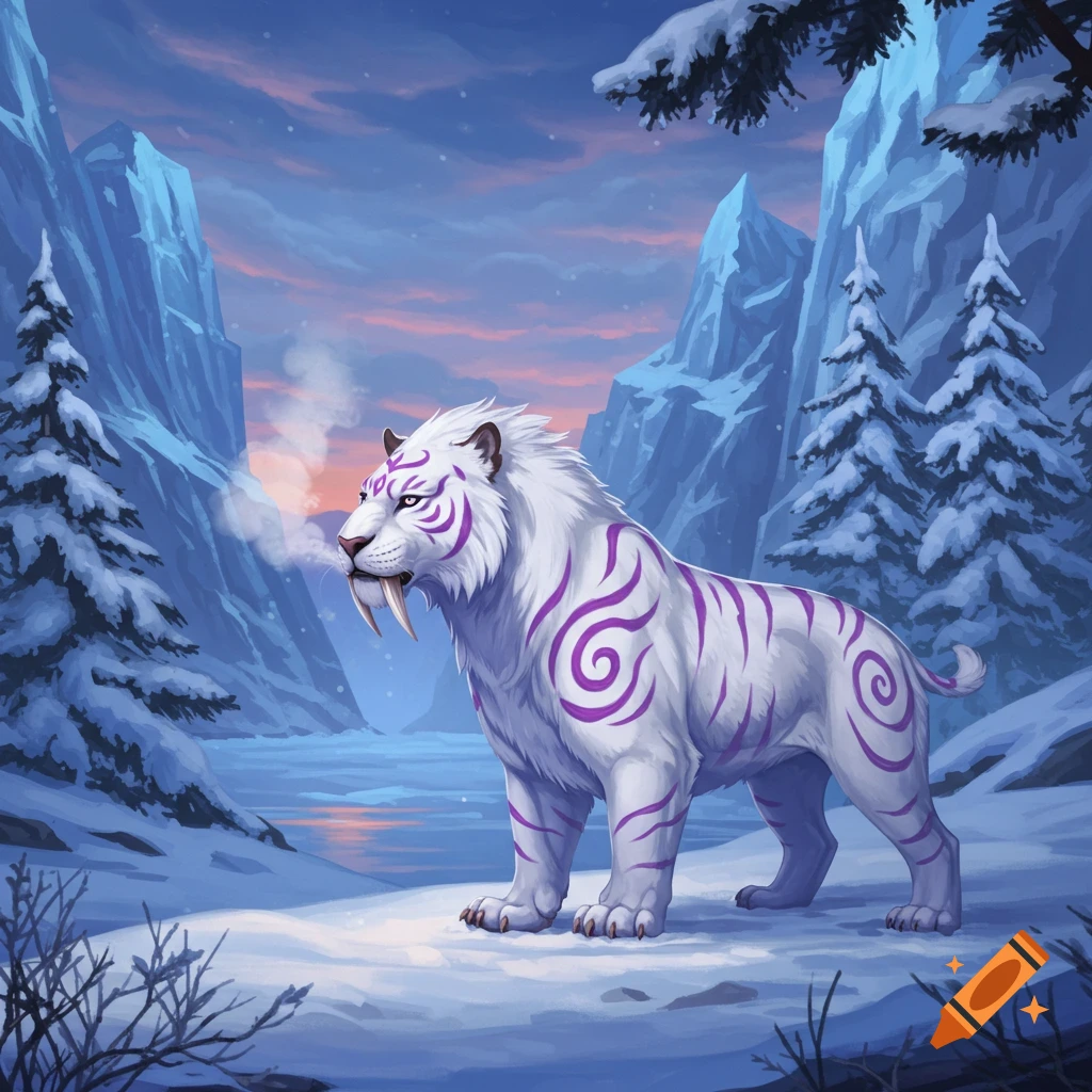 A white sabertooth tiger with purple spiral markings stands in a snowy mountain valley with a frozen lake under a pink and blue sunset sky, illustration.