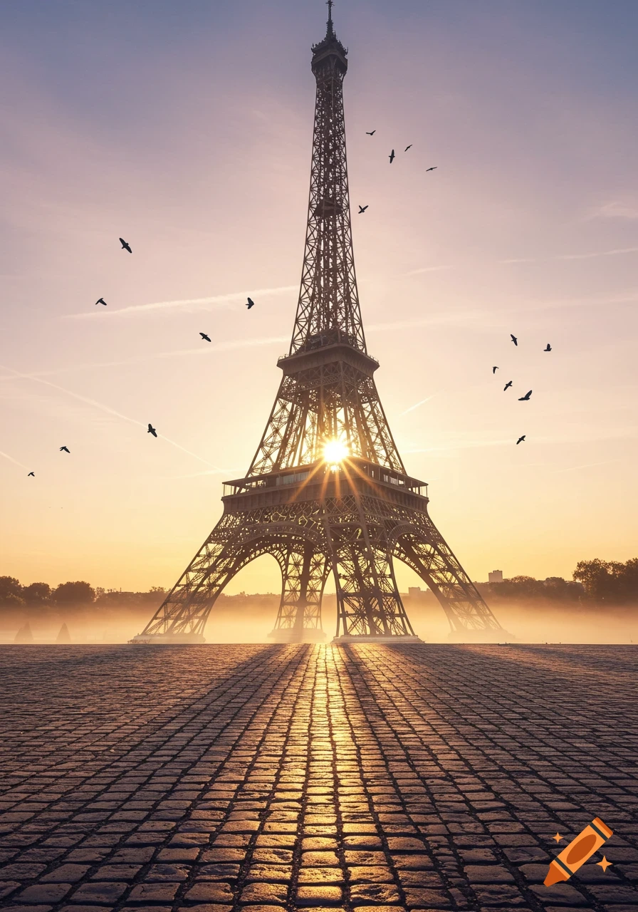 The Eiffel Tower stands tall against a pastel sky during sunrise, casting long shadows on a cobblestone plaza below. Birds fly around the tower.