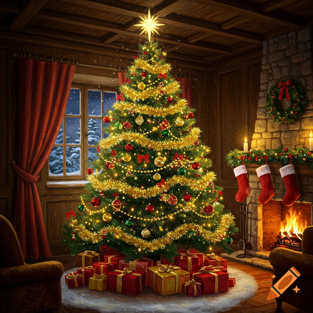 A cozy, warmly lit room with a decorated Christmas tree surrounded by gifts, next to a fireplace with stockings and a snowy window view.