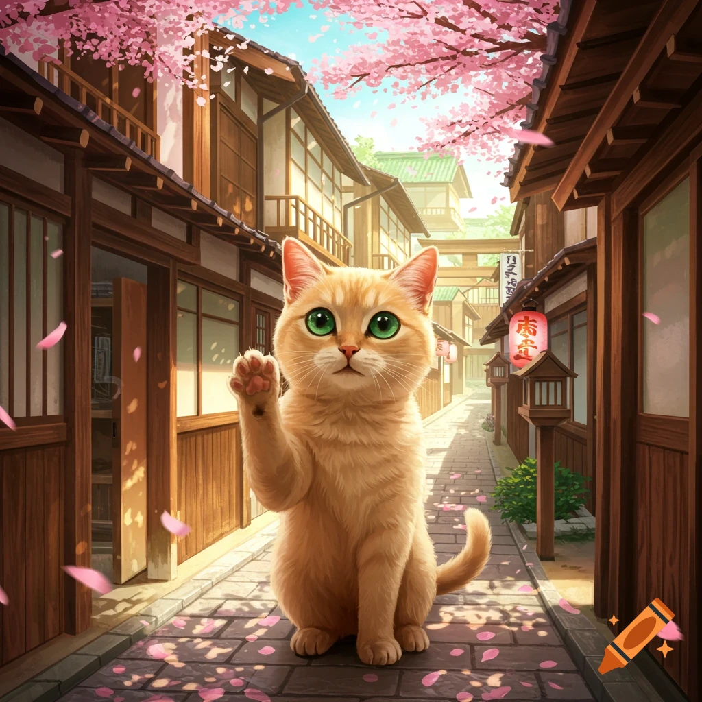 A cute orange cat with big green eyes waves, sitting on a cobblestone street with pink cherry blossom petals, flanked by traditional Japanese wooden buildings under a blue sky.