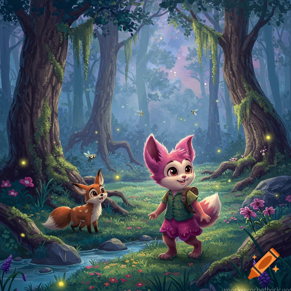 A pink fox-like creature and a small fox stand in a magical, glowing forest with a stream, fireflies, and vibrant flowers, in a cartoon animation style.