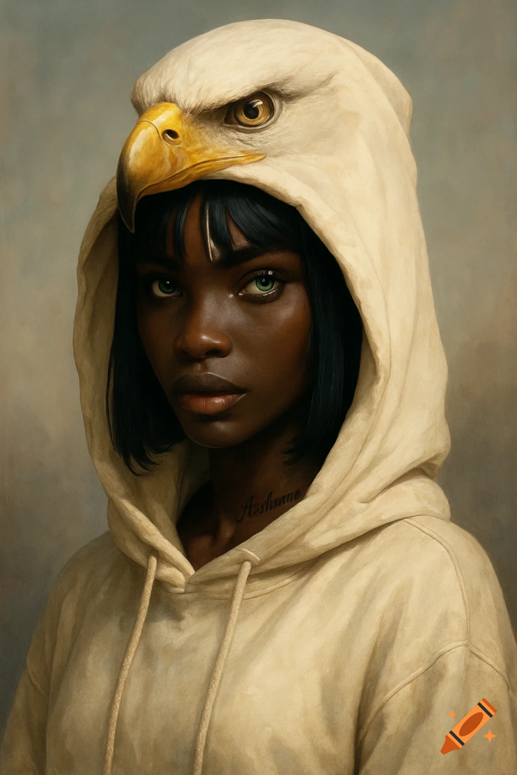 Painterly portrait of a dark-skinned woman with green eyes, wearing a cream hoodie with an eagle head hood.