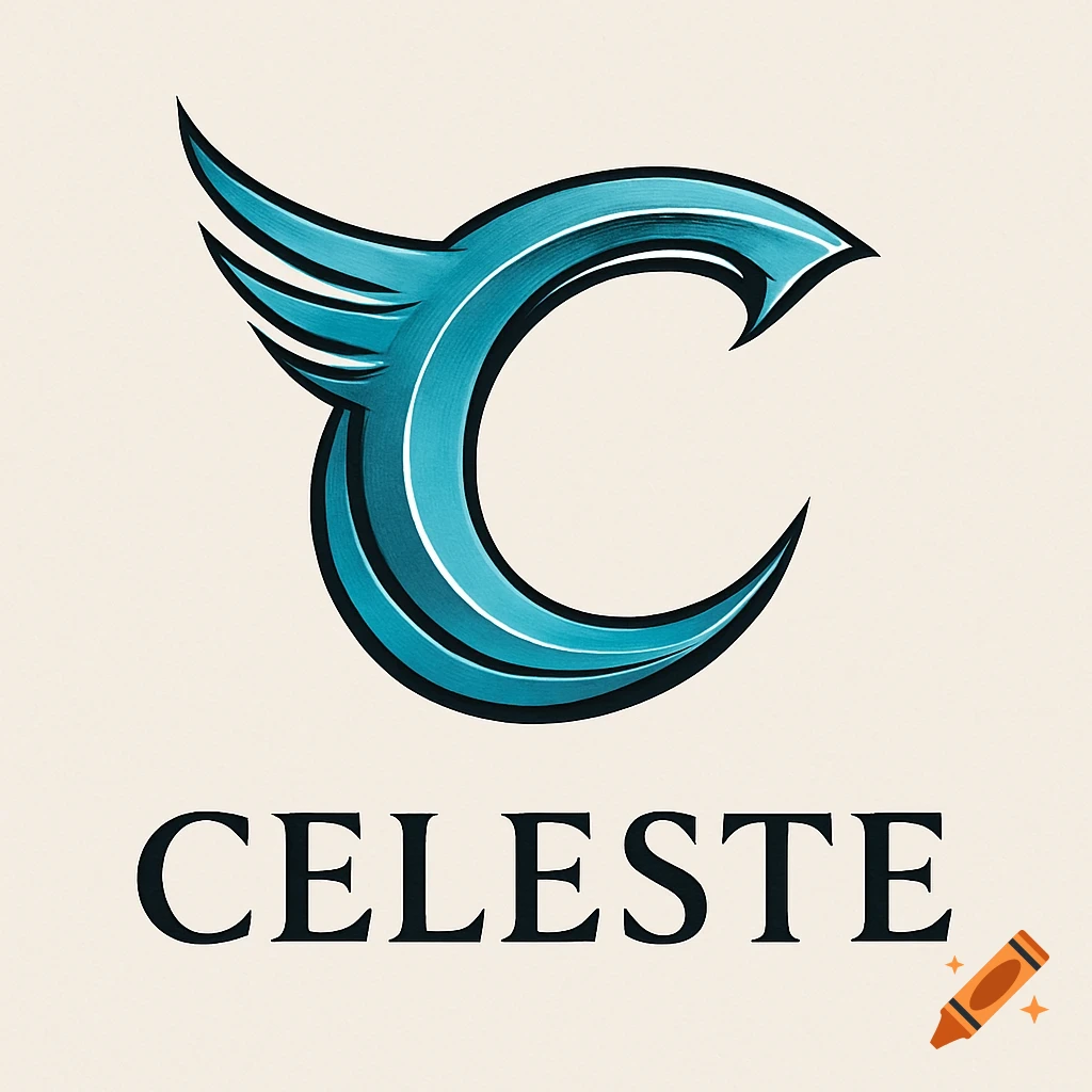 A sleek, stylized teal letter 'C' with wing-like elements above the word 'CELESTE' in black serif font on a cream background.