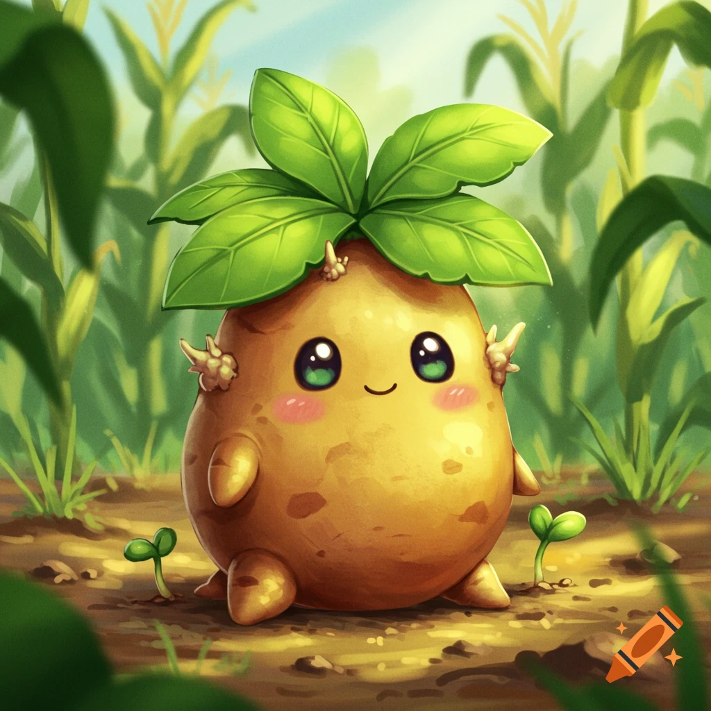 A cute, round potato creature with green leaves on its head and rosy cheeks, standing in a vibrant green field with tall plants.