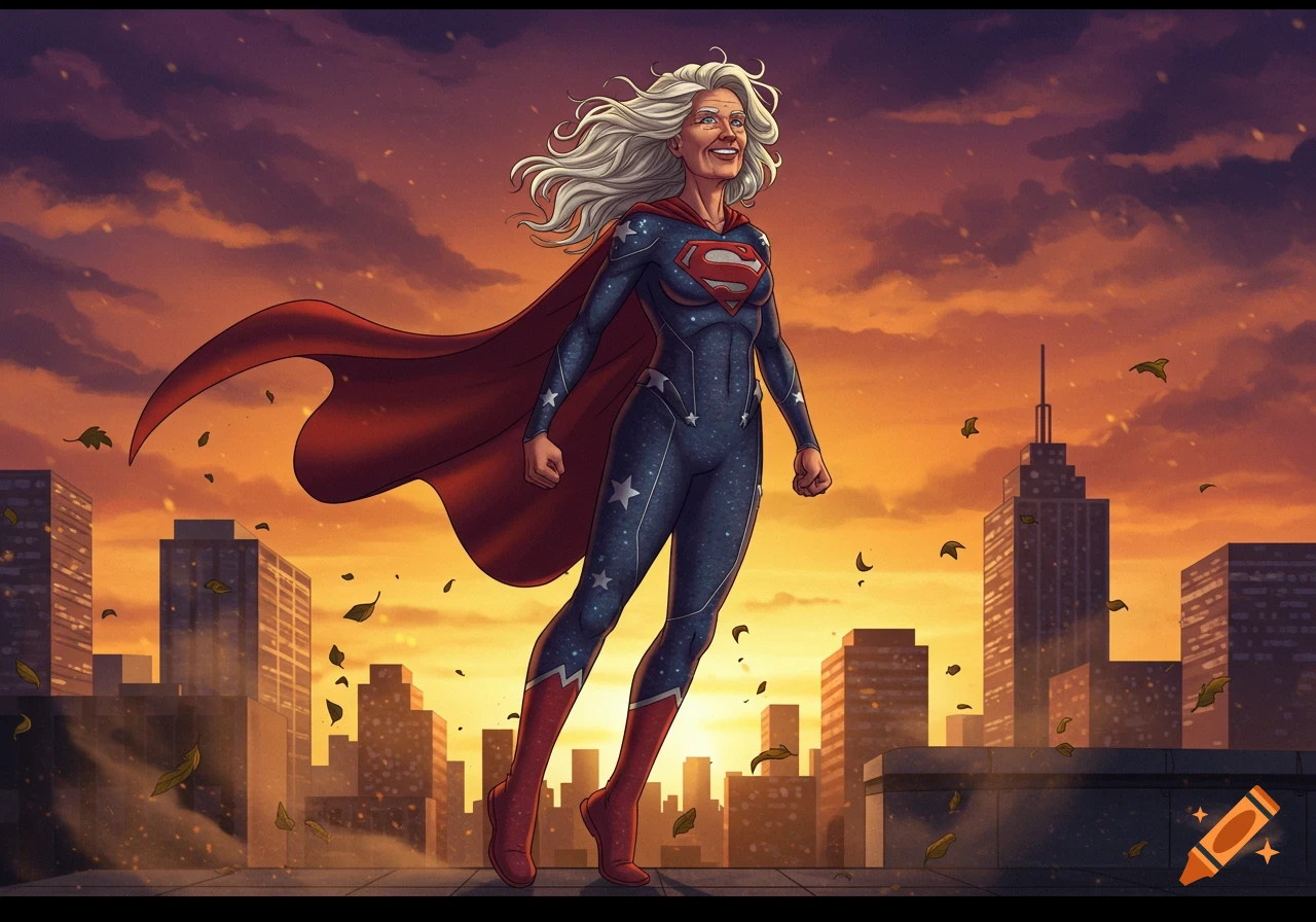 Comic art of an elderly woman superhero with white hair, red cape, and Superman shield flying over a city at sunset.