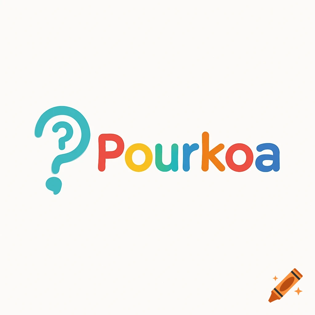 A colorful minimalist logo with a blue question mark icon next to the word 'Pourkoa' with letters in red, yellow, green, orange, and blue.