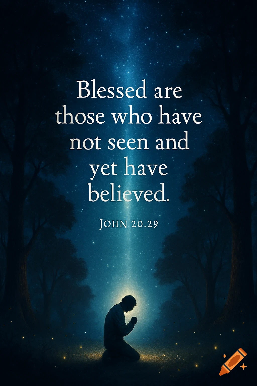 A person kneels in prayer under a starry night sky, illuminated by a beam of light, with a biblical quote.