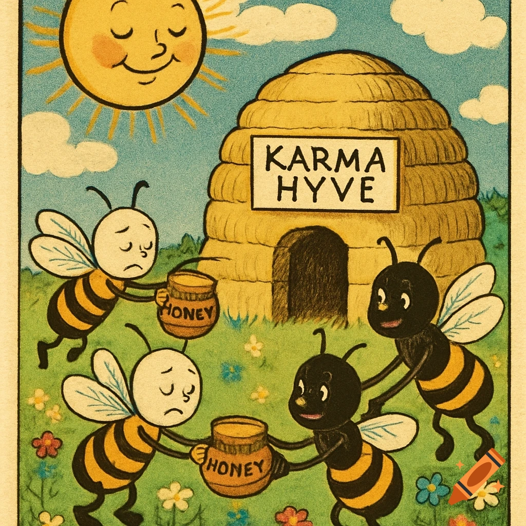 Vintage children's book illustration of a smiling sun, a beehive labeled 'KARMA HYVE', and bees exchanging honey pots in a flowery field.