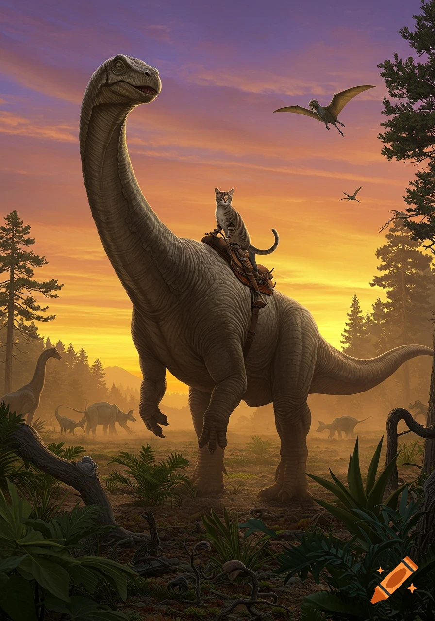 A tabby cat in a saddle rides a large sauropod dinosaur at sunset in a prehistoric forest with other dinosaurs and pterodactyls.