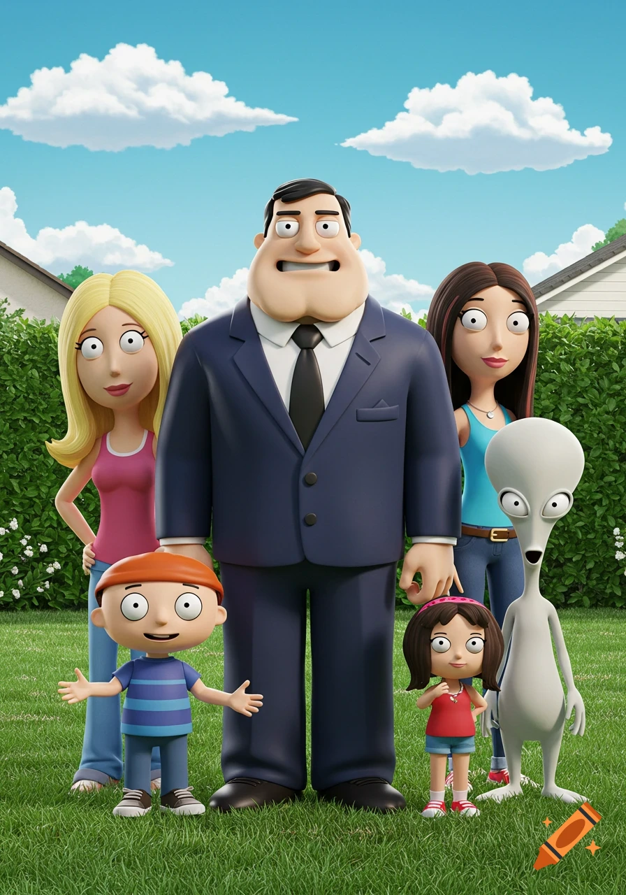 The American Dad family, including Stan, Francine, Steve, Hayley, and Roger, stand in a front yard in a 3D animated style.