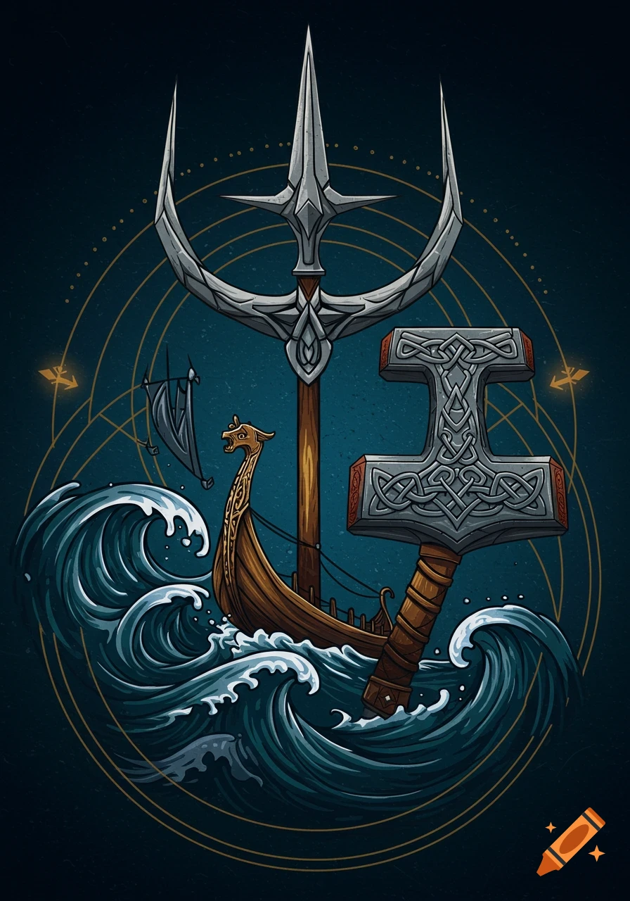 Stylized geometric illustration of a trident, Thor's hammer, and a Viking longship on waves.