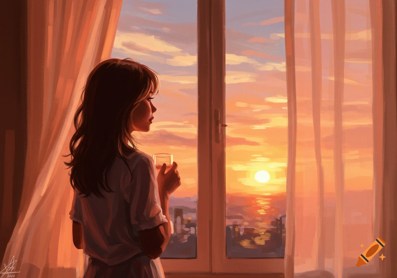 Impressionistic painting of a woman looking out a window at a vibrant sunset over a city, holding a glass.