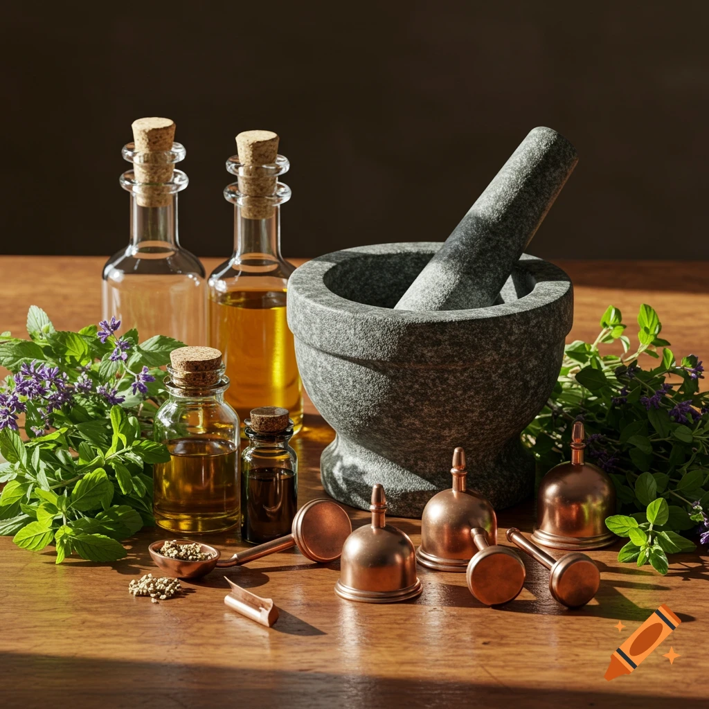 A still life featuring a stone mortar and pestle, bottles of essential oils, copper cupping tools, and fresh herbs on a wooden table with natural light.