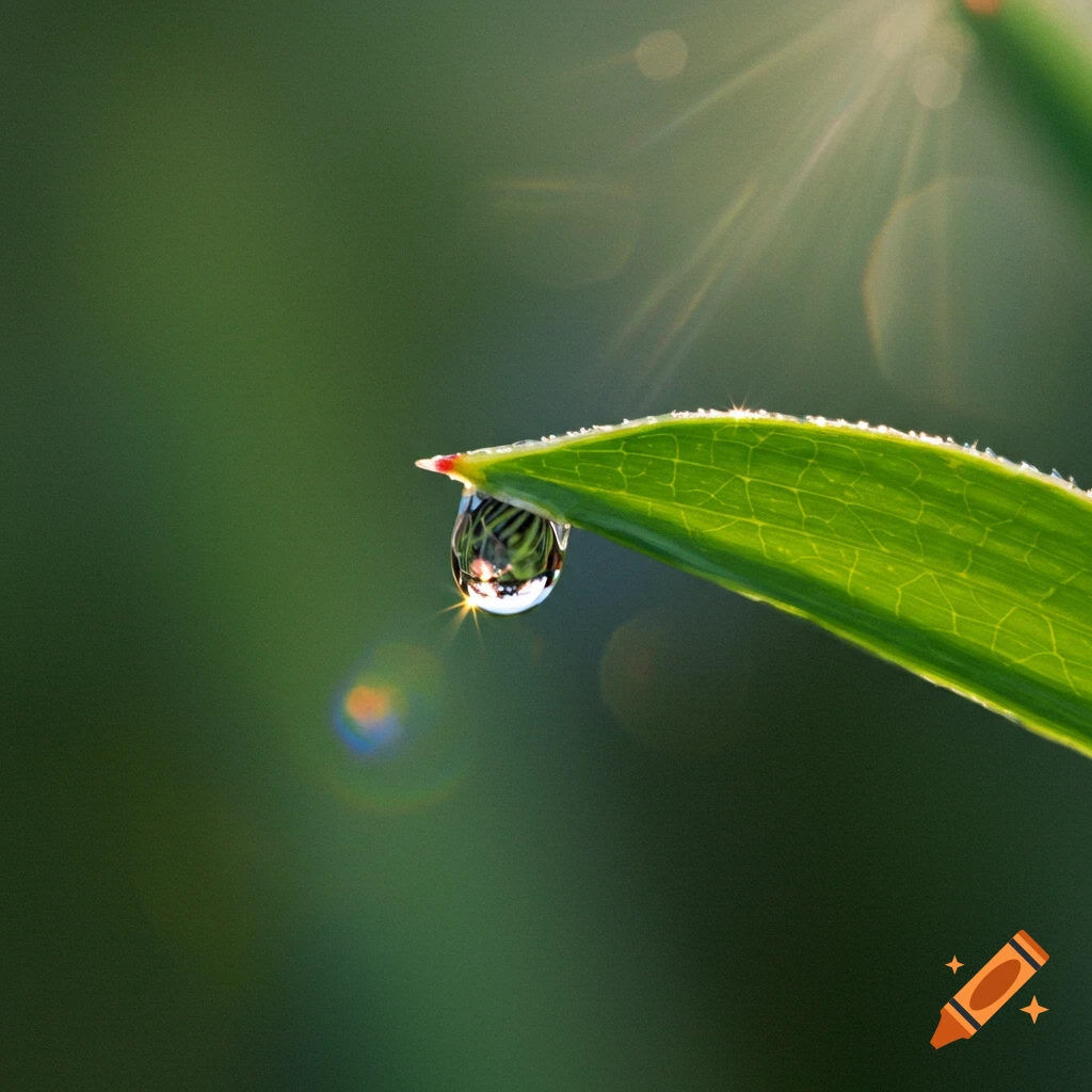 Photorealistic macro shot of a sparkling dewdrop clinging to the tip of a green leaf, reflecting sunlight with lens flare.