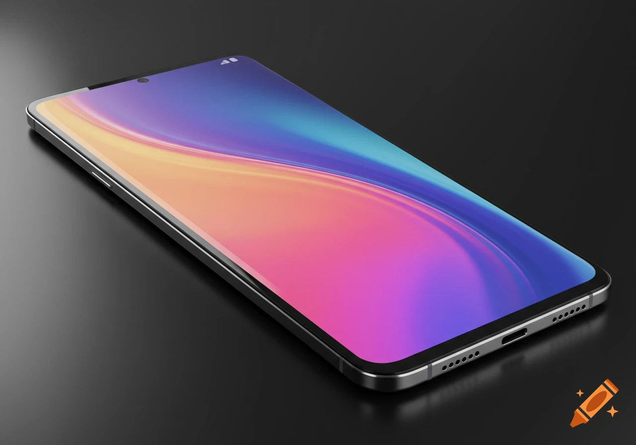 Photorealistic futuristic smartphone with a vibrant, colorful edge-to-edge display and metallic frame, angled on a dark surface.
