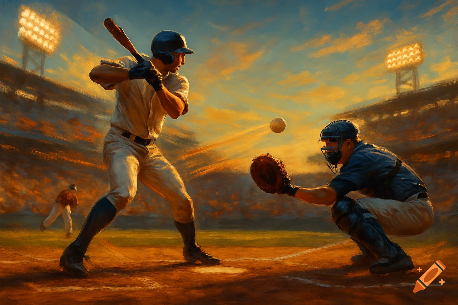 Painterly baseball game at sunset with a batter, catcher, and ball in mid-air.