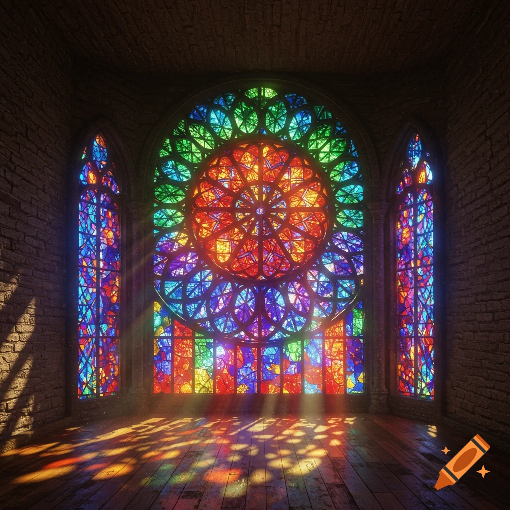 Vibrant, intricate stained glass windows illuminate a stone church interior, casting colorful light patterns onto a wooden floor.
